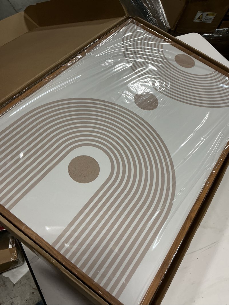 Condition photo showing Good Condition for YeeHomedec Boho Beige Neutral Framed Canvas Wall Art, Mid Century Modern Wall Decor, Bohemian Abstract Minimalist Artwork, Geometric Line Circle Art Painting for Living Room Bedroom Office 16"x24"x3