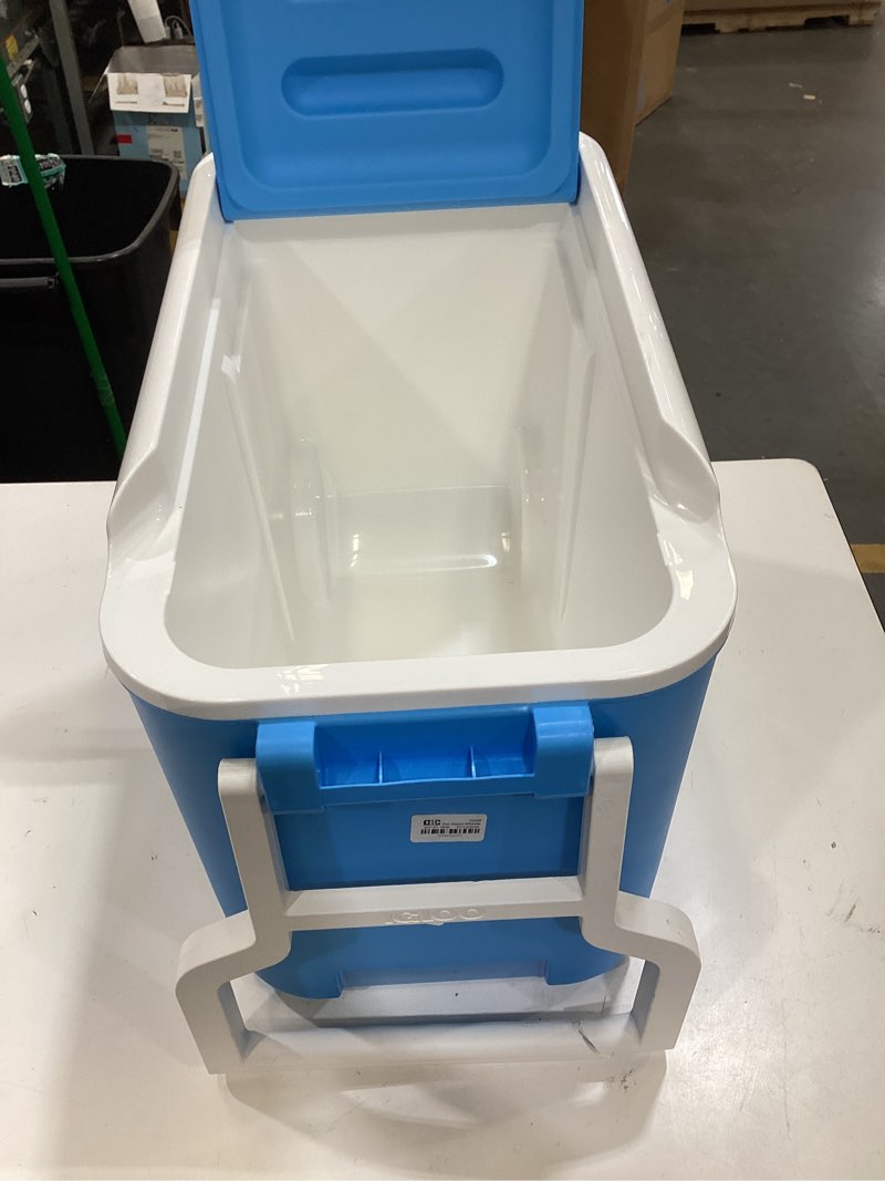 Condition photo showing As Is for sun squad wheelie 53 cans/38qt rolling cooler - carolina blue
