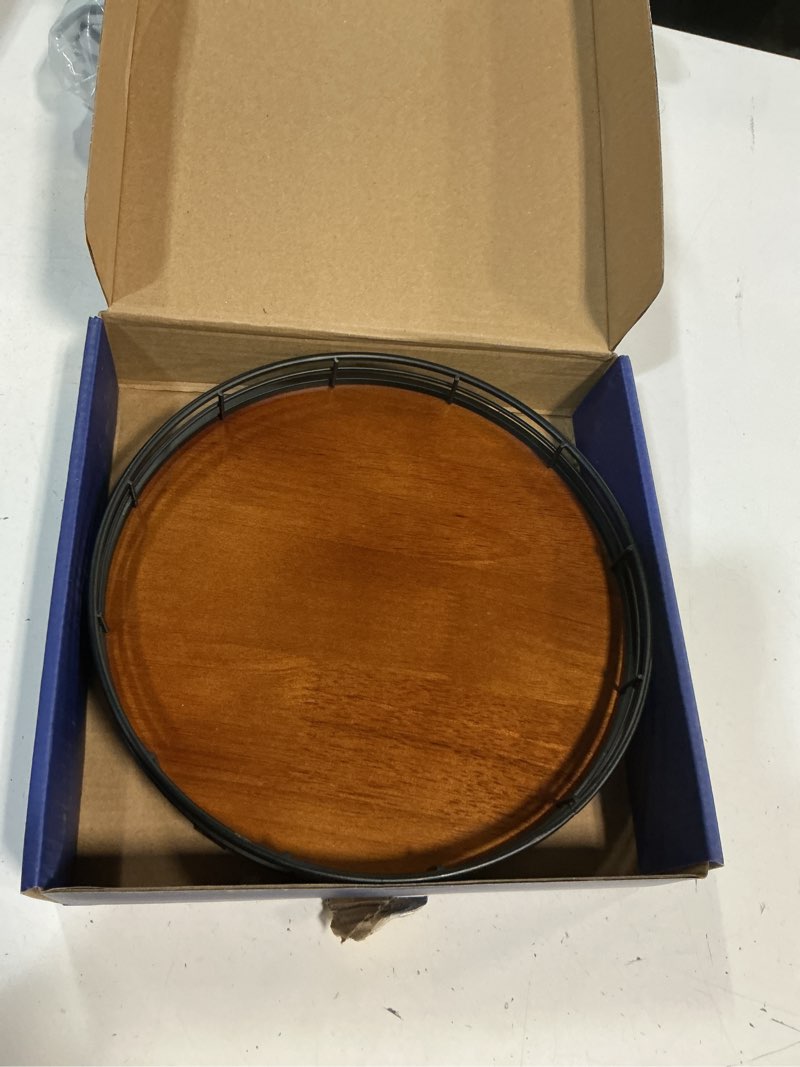 Condition photo showing As Is for farmhouse oak 9" lazy susan turntable organizer for cabinet, round wooden lazy susan organization and storage for dining table, pantry, kitchen, countertop, cupboard,home decor, walnut wood walnut 9