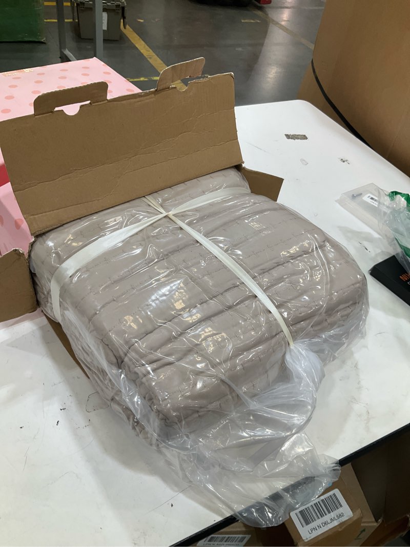 Condition photo showing Good Condition for oversized queen quilt set 102 x 106 in, lightweight, oatmeal | 3-season soft-washed bedspread for spring, summer & fall; multi-lock quilting, easy care, includes 2 pillow shams oatmeal oversized queen