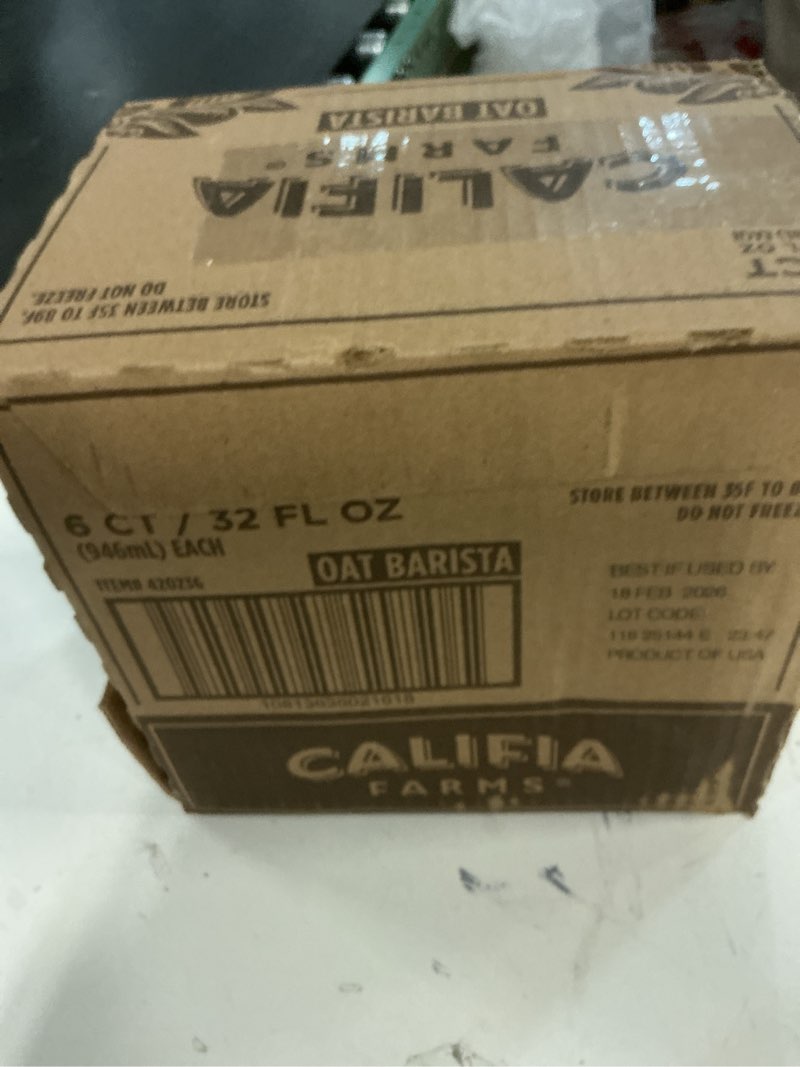 Condition photo showing New/Like New for (Case of 6). (BBD 12/23/25). Califia Farms - Oat Barista Blend Oat Milk, 32 Oz, Dairy Free, Vegan, Plant Based, Gluten Free, Non GMO, Milk Frother, Coffee Creamer 32 Fl Oz (Pack of 1)