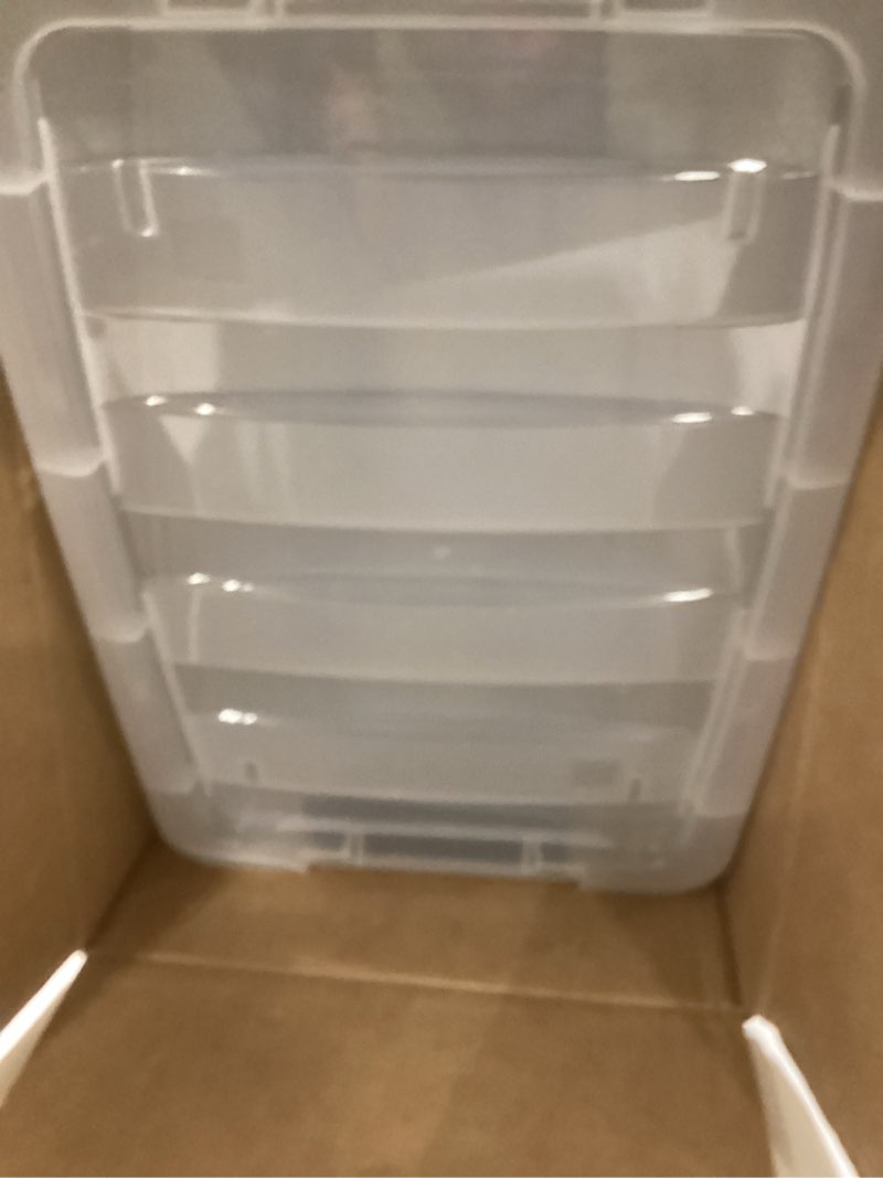 Condition photo showing New/Like New for Rubbermaid Cleverstore 16 Qt Clear Storage Bins with Lids, 6-Pack, Stackable, BPA-Free, Made in USA 17 Qt – 6 Pack