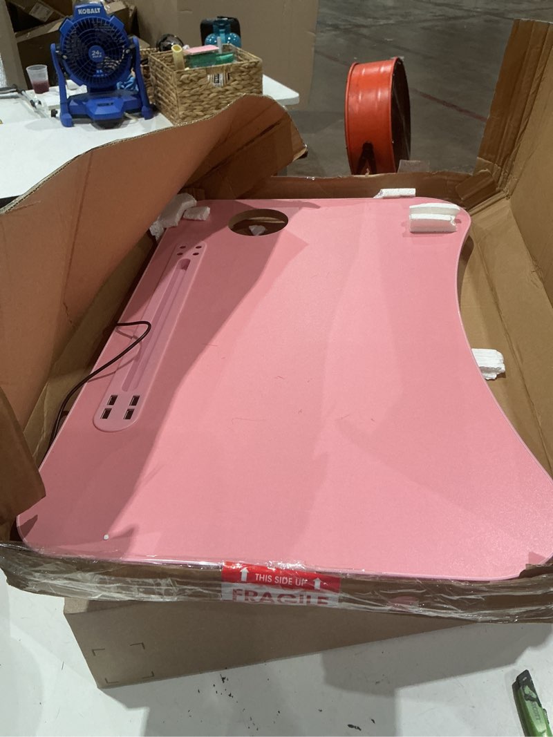 Condition photo showing As Is for slendor foldable lap desk with cup holder for bed, couch, floor | portable,with usb light, fan, pen holder,tablet holder,for laptop,writing,eating, pink