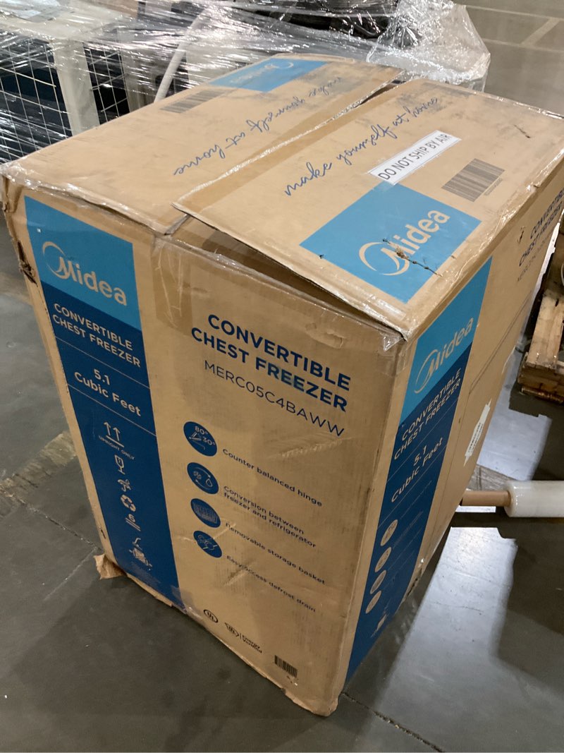Condition photo showing As Is for midea merc05c4baww chest freezer, 5.1 cubic feet freezer with removable basket, interior led light, adjustable temperature, for kitchen apartment office, white 5.1 cubic feet (convertible)