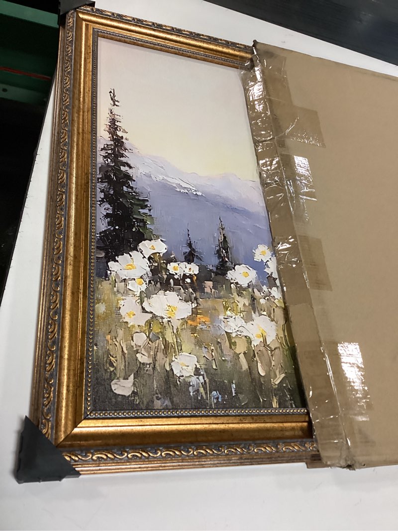 Condition photo showing Good Condition for Vintage Wildflower Sunset Mountain Wall Art Retro Floral Landscape Oil Painting Poster Canvas Print 