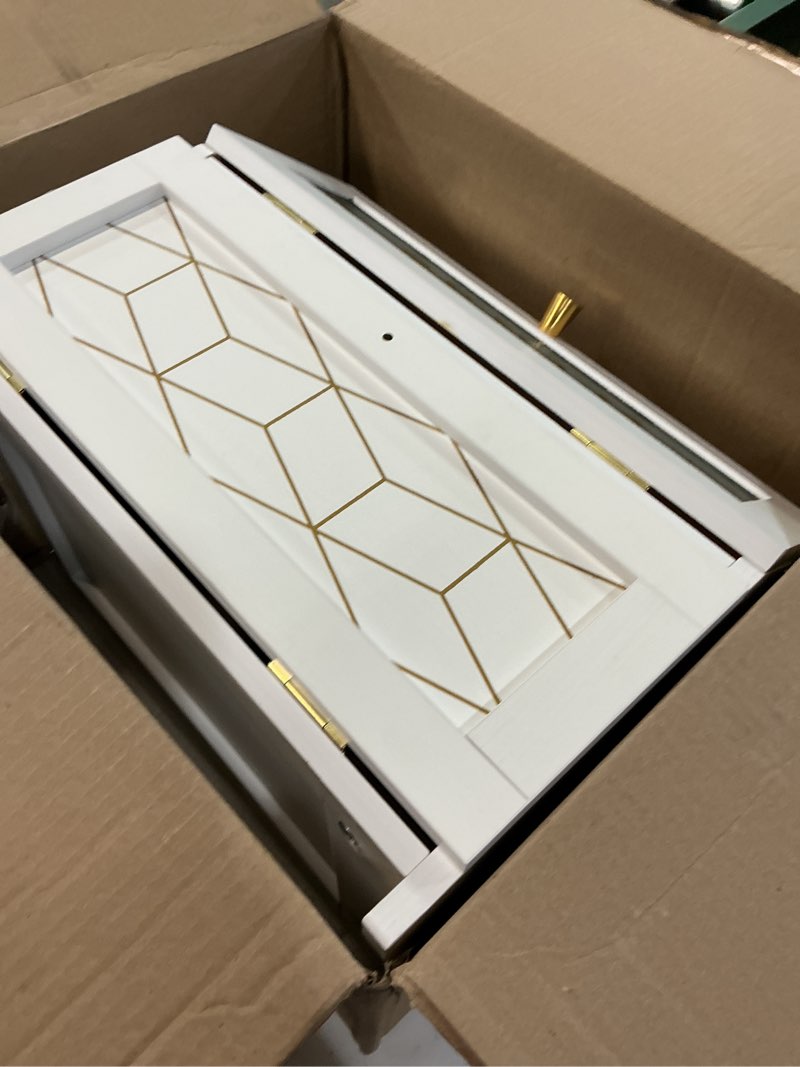 Condition photo showing As Is for Double Layer Bread Box With Golden Trim for Countertop, Wooden Bread Container for Kitchen Counter, Corner Bread Storage (White) Solid White