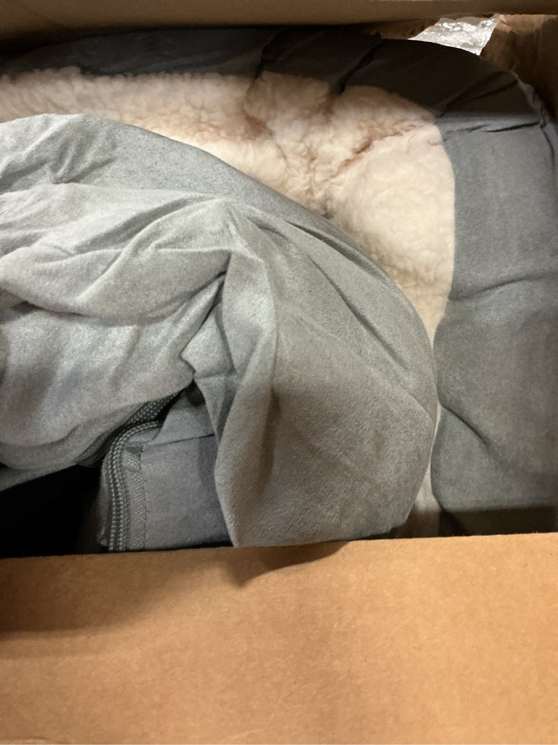 Condition photo showing As Is for furhaven round orthopedic dog bed for large dogs, egg crate with a solid orthopedic foam base with attached blanket hood and removable washable cover, large, sherpa & suede snuggery, gray gray large