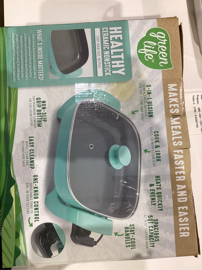 Condition photo showing New/Like New for GreenLife 12" 5QT Square Electric Skillet, Glass Vented Lid, Ceramic PFAS-Free Nonstick Interior, Adjustable Temperature Control, Cool Touch Handles, Quick Even Heating, Scratch Resistant, Turquoise Turquoise 5QT Skillet