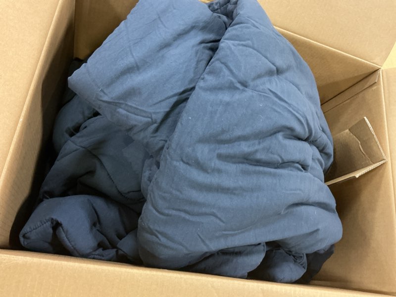 Condition photo showing As Is for UGG Leonora Comforter Set with 2 Pillow Shams Lightweight Down Alternative Blanket Reversible Cozy Warm All Season Washable and Hypoallergenic Bedding Set, Full/Queen, Navy Blue Blue Full/Queen