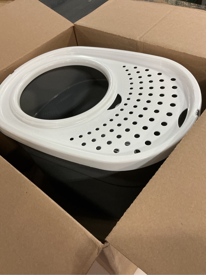Condition photo showing As Is for IRIS USA Top Entry Cat Litter Box, Large Enclosed with Litter Catching Lid and Scoop, Dog Proof, Cat Litter Box, Gray/White Oval Gray w/ Scoop