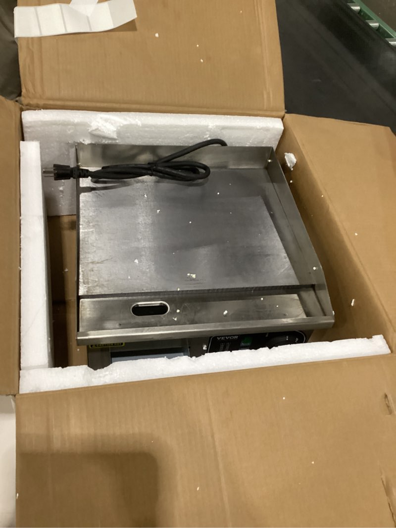 Condition photo showing As Is for No utensils VEVOR Commercial Electric Griddle, 1700W Countertop Flat Top Grill, 14in Stainless Steel Griddle Grill with 2 Shovels and 2 Brushes for Home or Restaurant, 122?-572 ? Adjustable Temp 14 inch