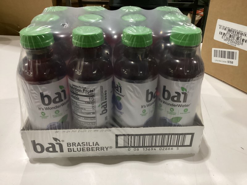 Condition photo showing New/Like New for best by 04/19/2026 bai antioxidant infused water beverage, brasilia blueberry, with vitamin c and no artificial sweeteners, 18 fluid ounce bottle, 12 pack brasilia blueberry 12 pack