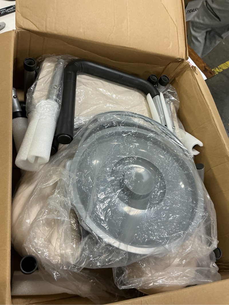 Condition photo showing As Is for Drop Arm Bedside Commode, Commode Toilet with Padded Seat and Backrest, 400lbs Capacity, 6.3QT Removable Bucket and Splash Guard, Adjustable Height Portable Toilet for Adults, Beige