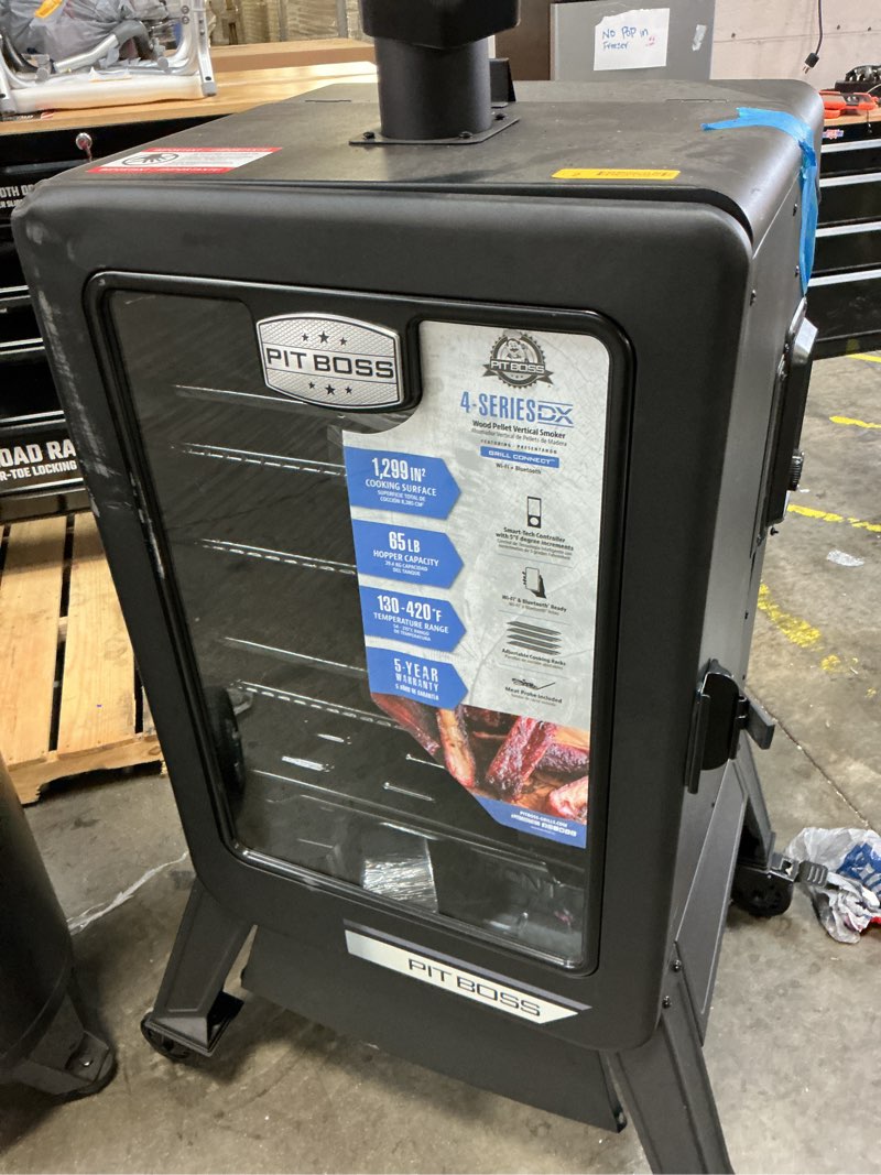 Condition photo showing As Is for pit boss dx series vertical 4 series 1300-sq. in black pellet smoker