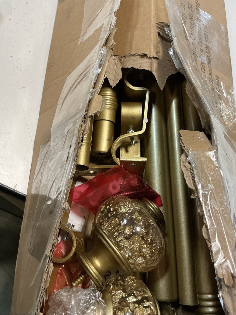 Condition photo showing As Is for 1 Inch Gold Double Curtain Rods 72 to 144 Inches (6 to 12 ft), USFOOK Drapery Rods for Windows, Telescoping Dual Curtain Rod with Luxury Translucent Finials 72-144" Luxury Gold