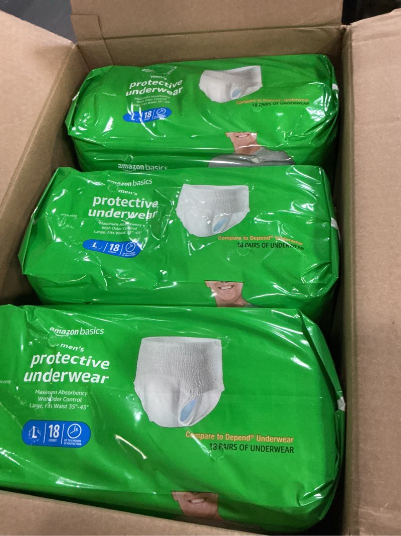 Condition photo showing New/Like New for Amazon Basics Incontinence Underwear for Men, Maximum Absorbency, Large, 54 Count (3 Packs of 18) Large 54.0