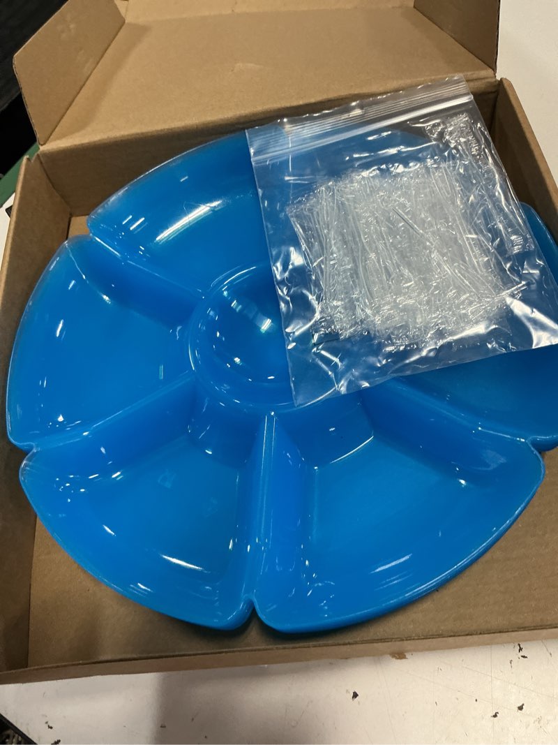 Condition photo showing As Is for zhehao 4 pcs sectional heavyweight plastic divided plates serving trays with 40 disposable forks 10.6" 7 section round chip dip plate snack food platter for nut candy veggie fruit (blue)