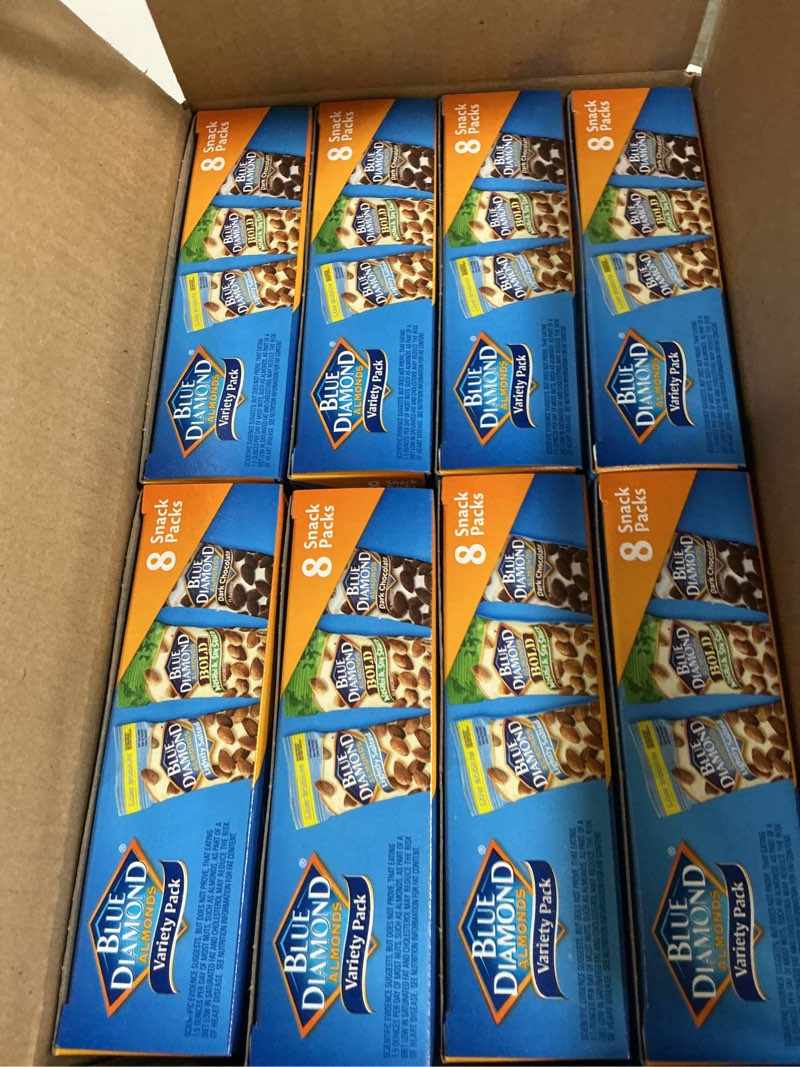 Condition photo showing New/Like New for blue diamond almonds snack nut variety pack for kids, office, school, on-the-go, 0.75 oz gluten free individual packs, wasabi & soy sauce, lightly salted, and dark chocolate (pack of 8)  (best by 06/28/2026)