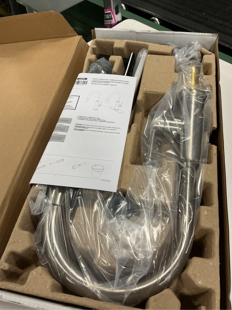 Condition photo showing New/Like New for Delta Finnridge Brushed Nickel Kitchen Faucet with Pull Down Sprayer, High Pressure ProClean Spray Modern Single Hole Kitchen Sink Faucet, Stainless 19730LF-SS