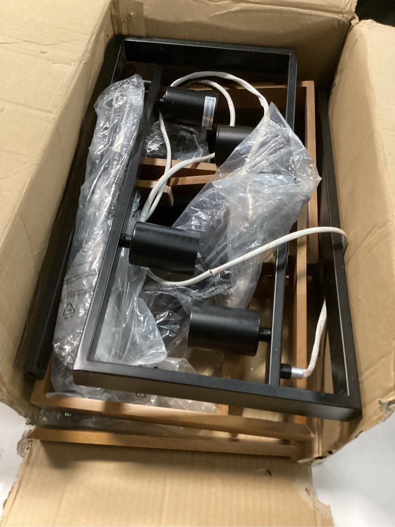 Condition photo showing item condition for 35.4" Kitchen Island Lighting,4 - Light Dining Room Farmhouse Chandelier,Black Modern Pendant Lighting,Pool Table Lights,Wood and Matte Black Metal Finish Wood 4 Lights