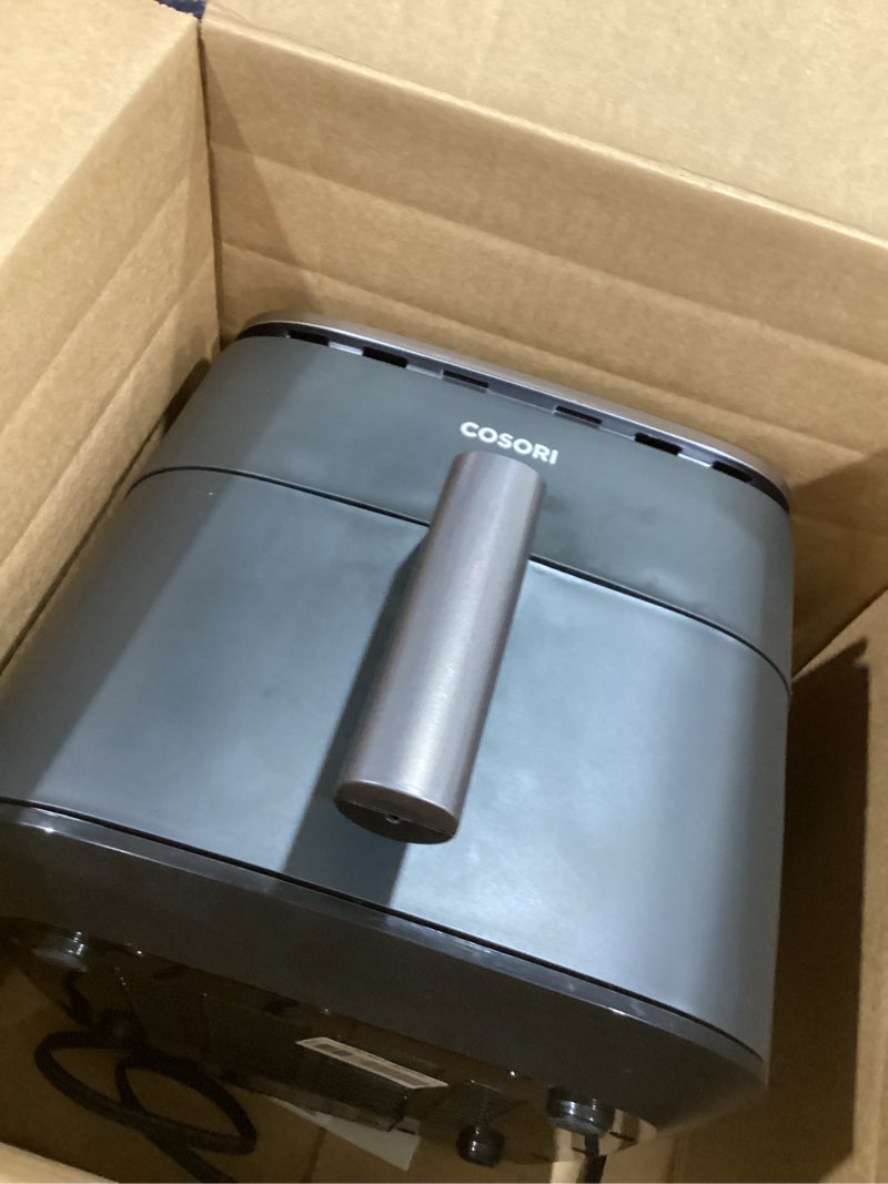 Condition photo showing As Is for cosori 9-in-1 turboblaze air fryer 6 qt, premium ceramic coating, 90°–450°f, precise heating for even results, air fry, roast, bake, broil, dry, frozen, proof, reheat, keep warm, 120v, dark gray dark gray 6qt air fryer