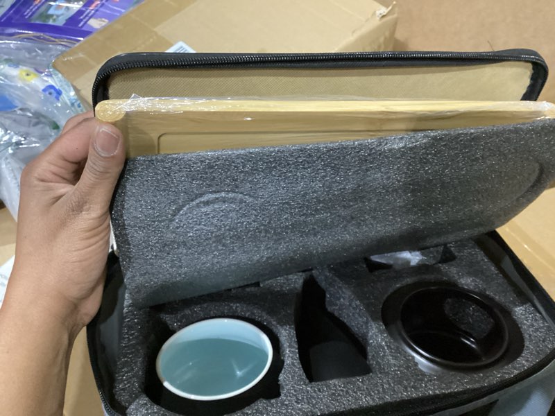 Condition photo showing New/Like New for Japanese Sake Cup Set with 6 Ceramic Cups, 1 Ceramic Sake Bottle, 1 Ceramic Sake Warmer, Bamboo Tray, and Cloth Carrying Case - Perfect Hot Sake Set for Authentic Japanese Experience Black