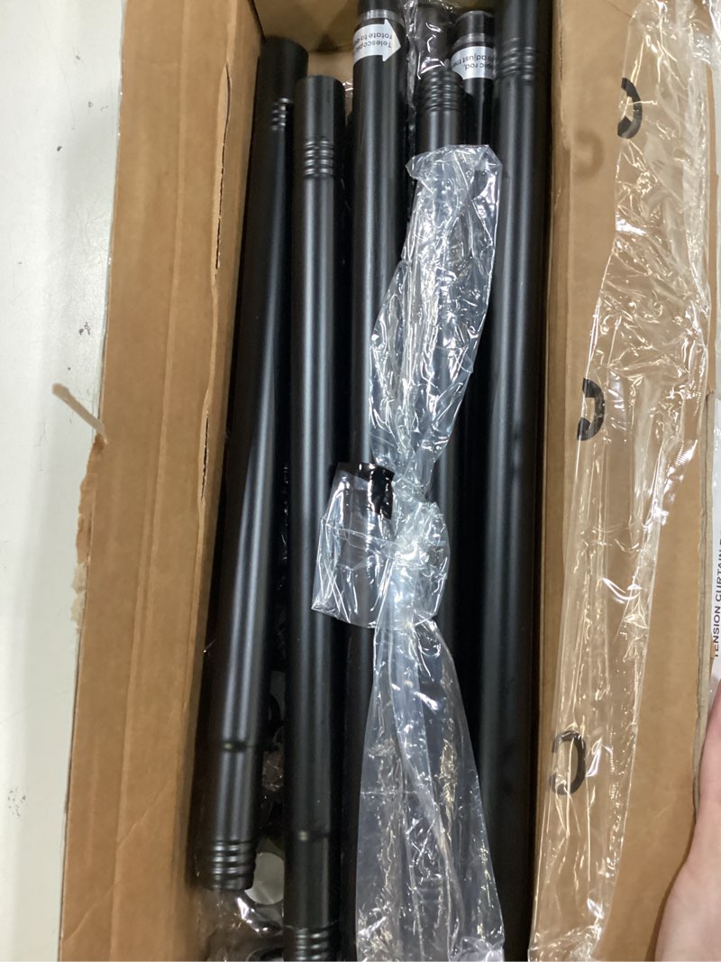 Condition photo showing As Is for enjoybasics 2 pack adjustable spring tension curtain rods 32 to 66 inches, stainless steel matte black shower rod no drilling for window, bathroom, closet, room divider, 7/8" diameter black 32-66"