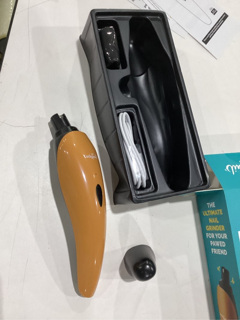 Condition photo showing New/Like New for lucky tail pet nail grinder for dogs and cats - super quiet and low vibration electric dog nail grinder with 2 led lights - usb rechargeable and cordless - 2 speeds - small to large pets - orange