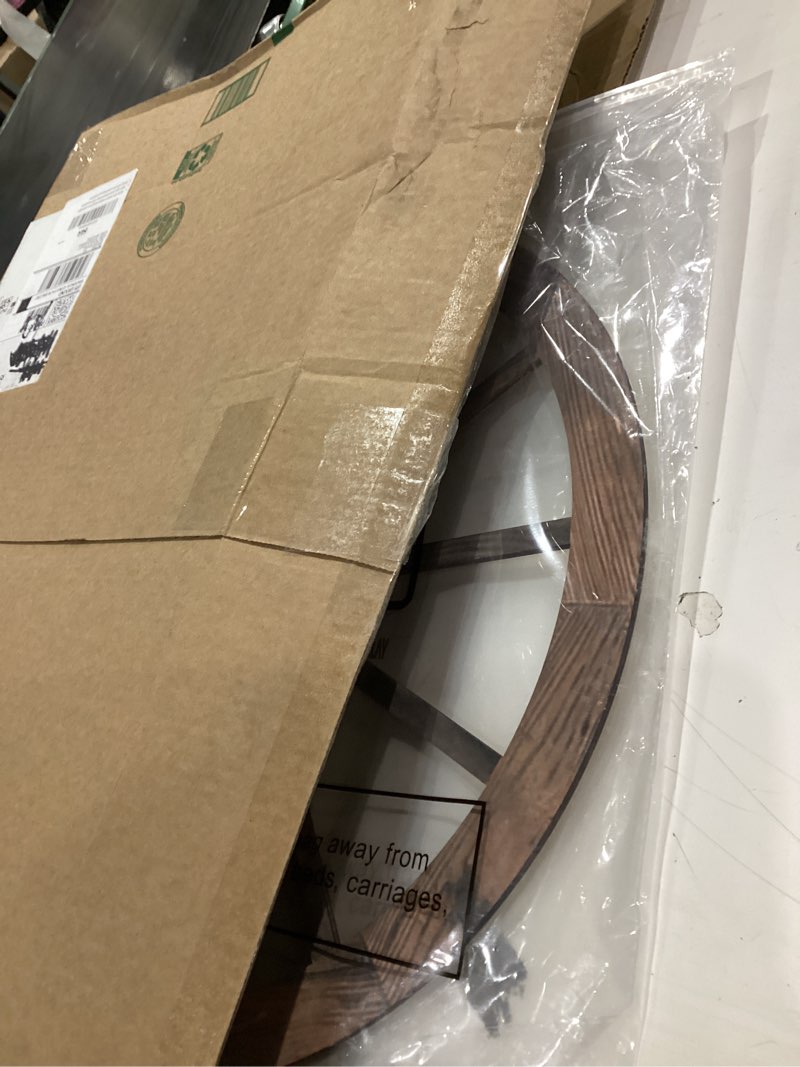 Condition photo showing As Is for Qunclay 2 Pcs Wagon Wheel Decor Wooden Western Cowboy Party Decorations Vintage Rustic Wagon Wheel Wood Cartwheel Decor for Bar Garage Indoor Outdoor (Brown,18 Inch) 18 Inch Brown