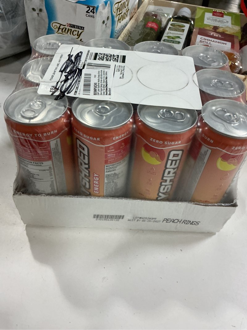 Condition photo showing New/Like New for  Best by: 08/ 20/2027 EHP Labs OxyShred Healthy Energy Drink - Zero Sugar Energy Drinks with Amino Acids, Green Tea Extract, Vitamin C & L Carnitine - Zero Carbs, Zero Calories, Clean Caffeine, Peach Candy Rings (12-Pack)