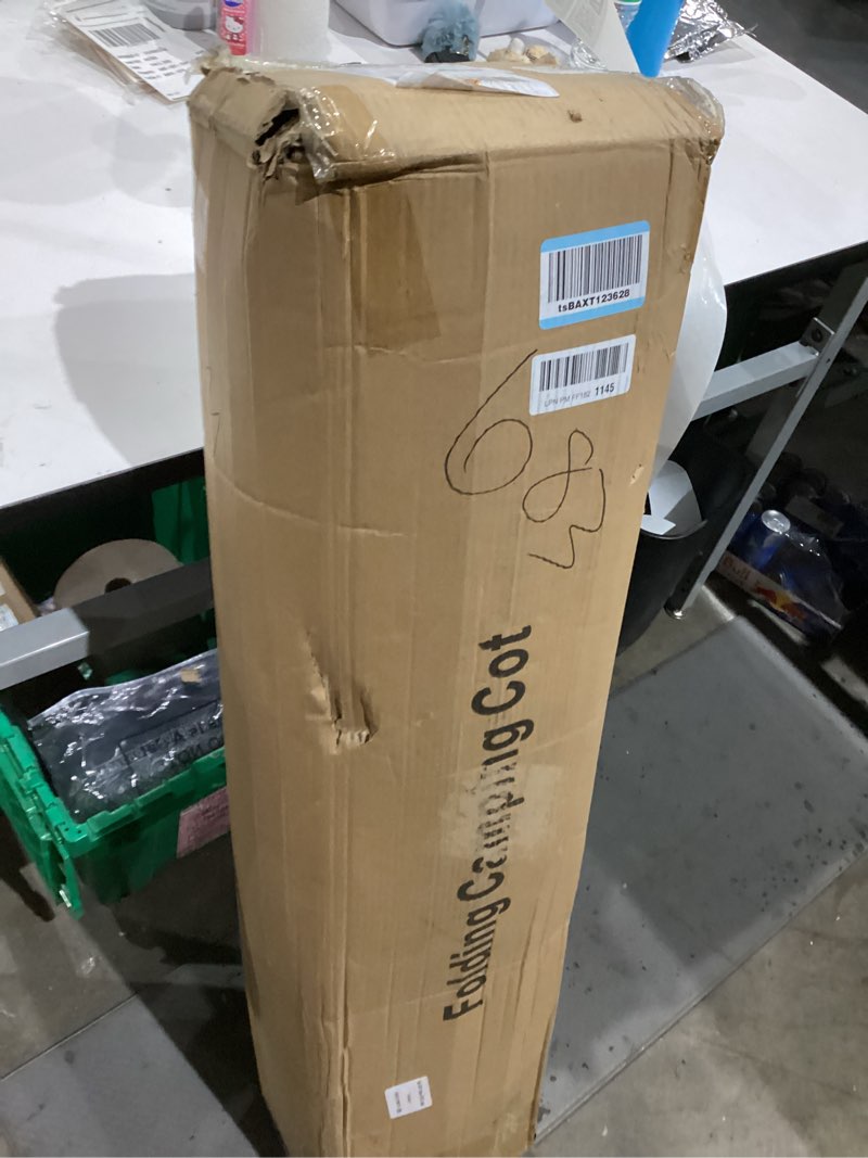 Condition photo showing As Is for ZENPETIO Oversized XXL Folding Camping Cot, Heavy Duty Sleeping Cot for Adults with Mattress and Pillow, Portable Cot Bed with Carry Bag for Outdoor Camp Travel Home Guest Office, 78x32x18 Deluxe - 78x32x18" Gray Frame + Black Pad