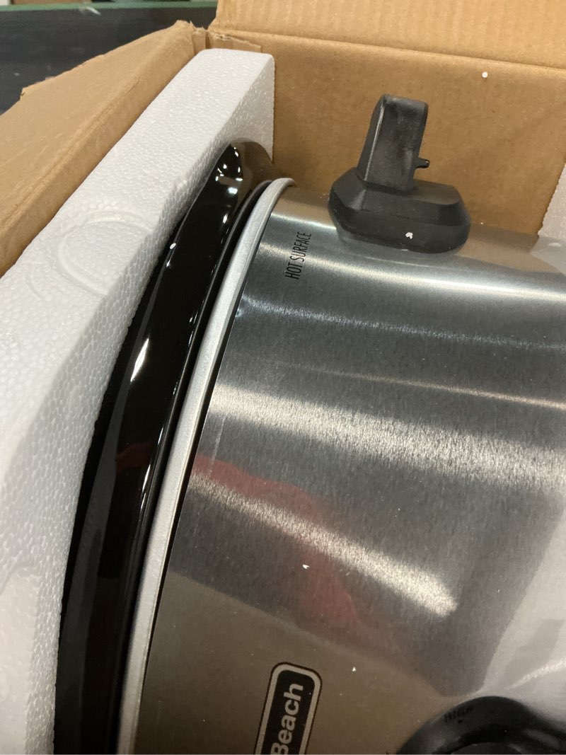 Condition photo showing As Is for hamilton beach 6-quart slow cooker with 3 cooking settings, dishwasher-safe stoneware crock & glass lid, silver (33665g) silver 6 quarts