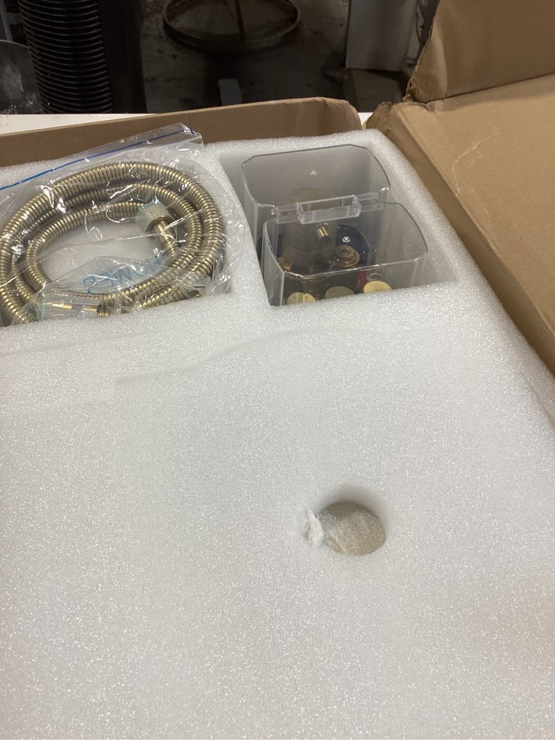 Condition photo showing Good Condition for 10" square rainfall bathtub and shower trim systems with rotating handheld sprayer, foldable tub spout, wall-mounted, solid brass valve with shampoo platform- brushed gold (square, brushed gold) brushed gold square