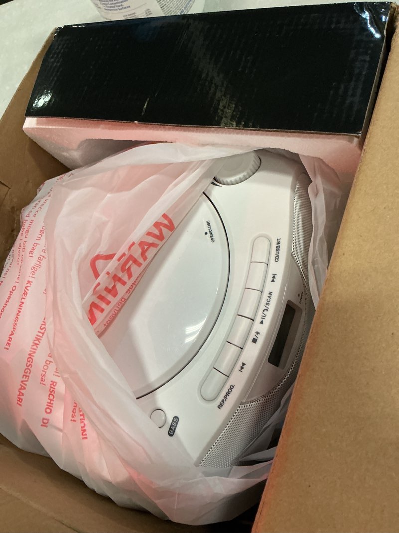 Condition photo showing Good Condition for nextron portable cd player bluetooth boombox with am/fm radio, usb, aux-in, headphone jack, cd-r/rw & mp3-cd compatible, stereo sound with bass boost, ac/battery operated – white