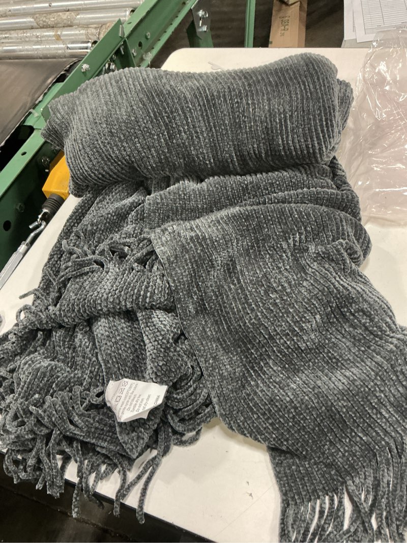 Condition photo showing As Is for lifein throw blanket for couch, soft boho decor bed throw,cozy grey knitted chenille small farmhouse lightweight throw (dark grey,50 * 60")
