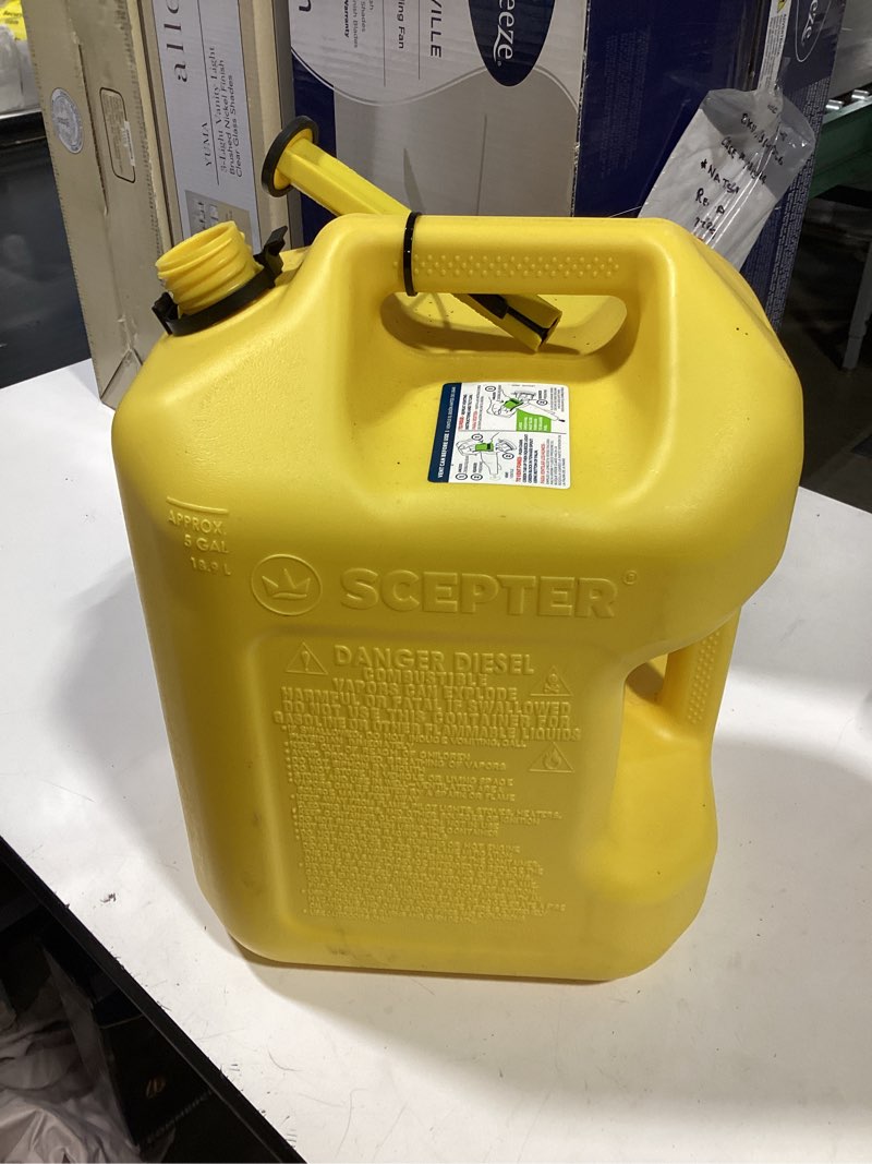 Condition photo showing As Is for scepter 5-gallon plastic diesel fuel can 3-gpm manual