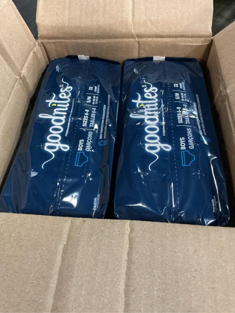 Condition photo showing New/Like New for goodnites boys nighttime underwear, size s/m, 44 ct, 2 packs of 22 small/medium 44
