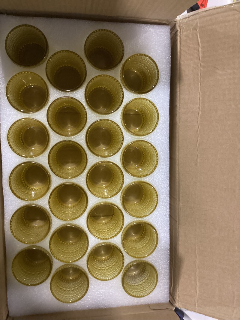 Condition photo showing Good Condition for 24 Pcs Votive Candle Holders, Golden Glass Candle Holder Bulk for Table Centerpiece, Tea Lights Candle Holders for Wedding Shower, Party and Home Decor