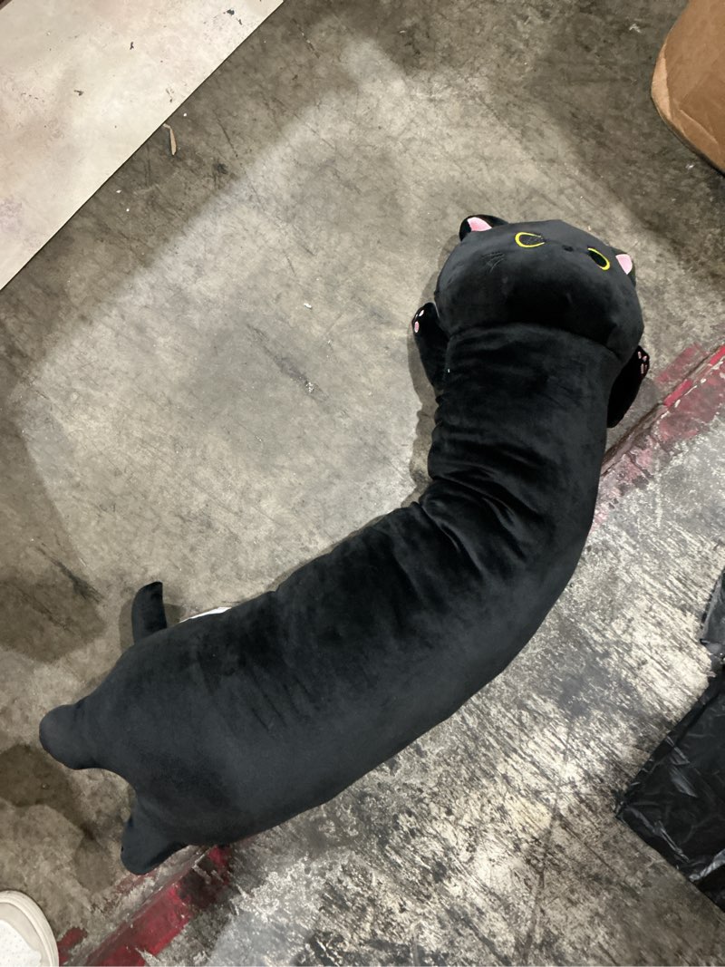 Condition photo showing As Is for 22.5" long cat plush pillow,long cat stuffed animal,giant hugging pillow for kids adult,black kitten plushie,stuffed kitted plushie doll toys,gift for boys girls birthday halloween christmas black 22.5 inches