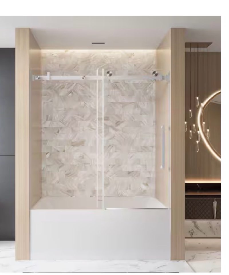 56 in.-60 in. w x 60 in. h single sliding frameless shower door in brushed nickel w/ 1/4 in. (6 mm) clear tempered glass