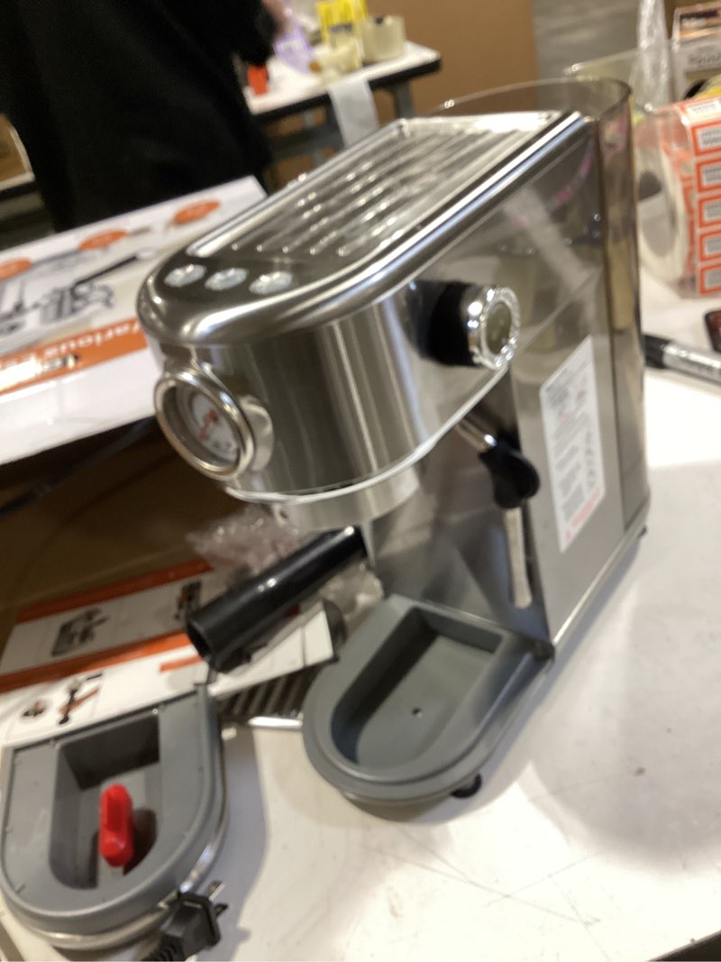Condition photo showing As Is for espresso machine with milk frother, 20 bar pressure espresso maker, with 44oz removable tank, compact stainless steel coffee machine for home, office, latte, cappuccino, gift for women or men a-silver