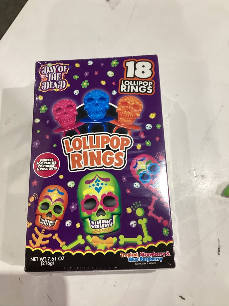 Condition photo showing New/Like New for Halloween Day of the Dead Sugar Skull Lollipop Rings,7.61 ounce, Box of 18