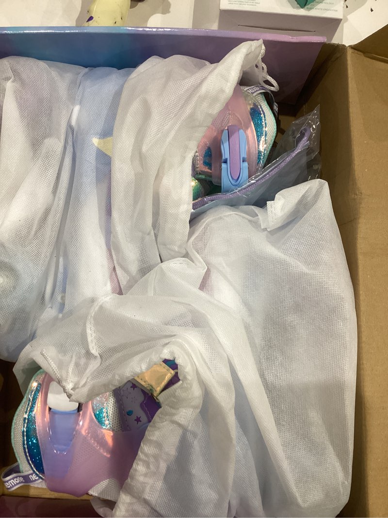 Condition photo showing Good Condition for NEMONE Mermaid 4 Size Adjustable Light up Roller Skates for Girls, Purple Blue Skates for Toddlers, Beginner Kids Butterfly Roller Skates Indoor Outdoor A- Mermaid - Blue Purple Large - Big Kid / Youth