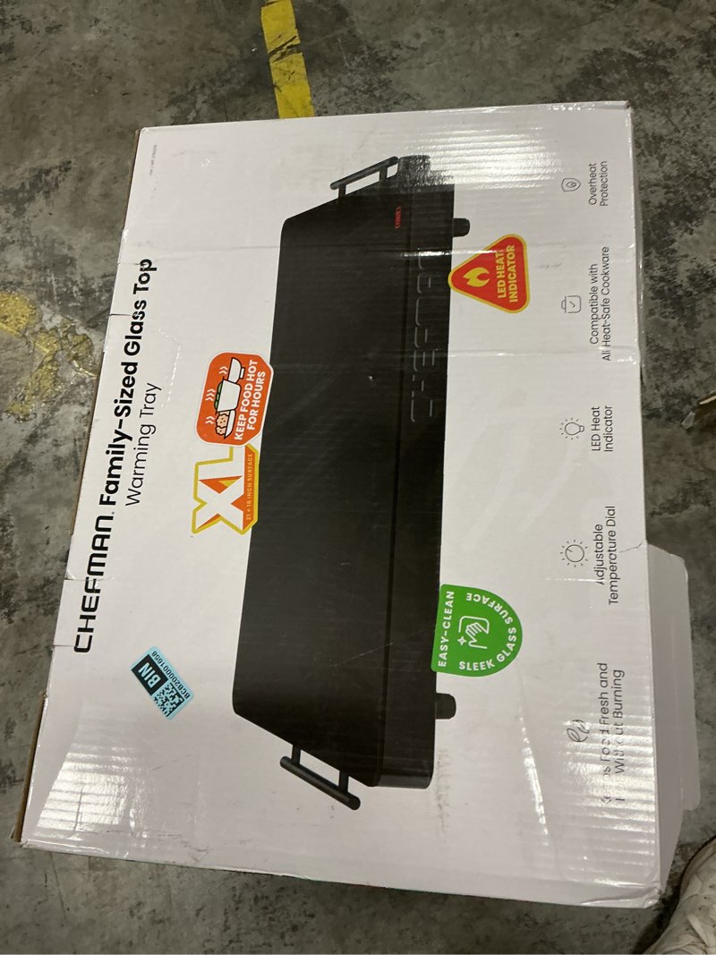 Condition photo showing New/Like New for chefman electric warming tray with adjustable temperature control perfect for buffets restaurants parties events and home dinners large 21‚äù x 16‚äù glass-top surface keeps food hot ‚äì black stainless black large - 21 x 16""
