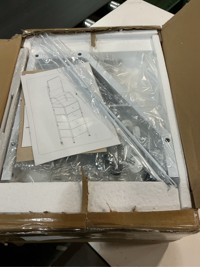Condition photo showing Good Condition for Dresser with Mirror, 4 Drawers Dresser with 2-Tier Shelves, Freestanding Fabric Chest of Drawers for Small Space, Tall Narrow Nightstand Vanity for Bedroom, Hallway, Dorm, White, 15.3" W 11"D x 15.3"W x 58"H (4 Drawers) White