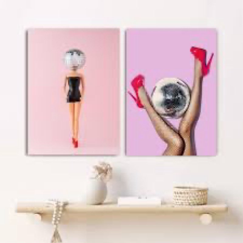 2pcs Framed Funny Disco Ball Bathroom Canvas Pink Wall Art Decor Posters Funky Girly College Apartme