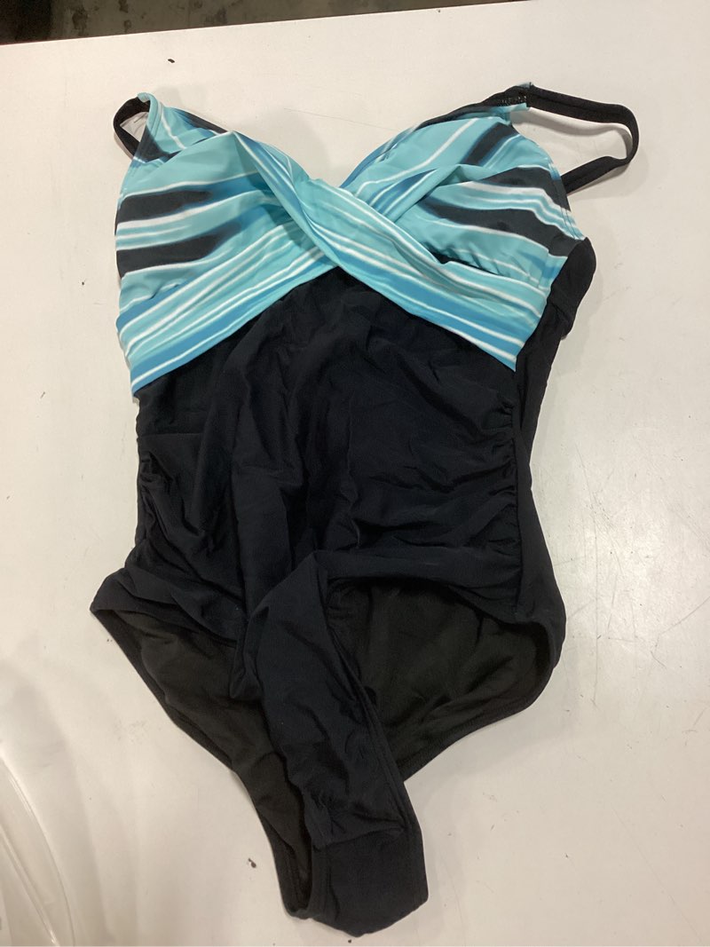 Condition photo showing New/Like New for b2prity women's one piece swimsuits tummy control front cross bathing suits tie back slimming v neck swimwear medium black and green stripe