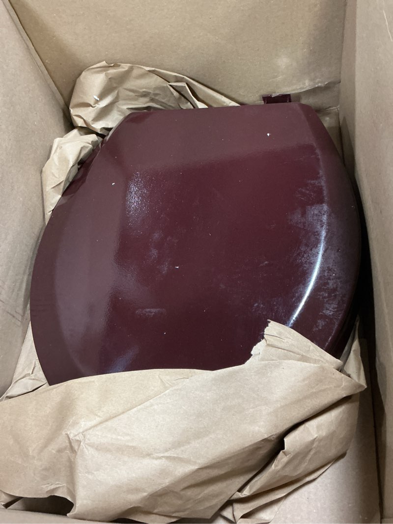 Condition photo showing As Is for standard wood toilet seat, burgundy - 17 inch - fits all standard size fixtures - easy to install fantasia by achim home decor