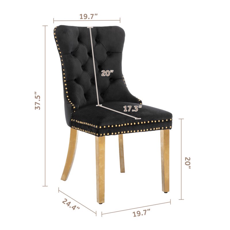Johnfrancis Tufted Kitchen Velvet Upholstered Back Side Dining Chair Leg Color: Gold, Upholstery Color: Black 2 pcs 