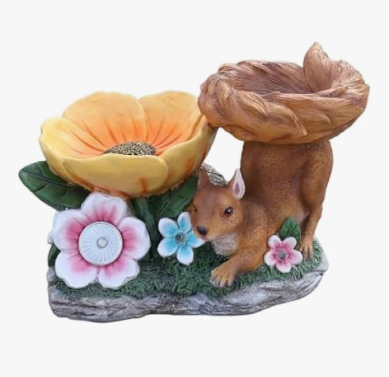 bird garden solar statue, double food bowl sculpture